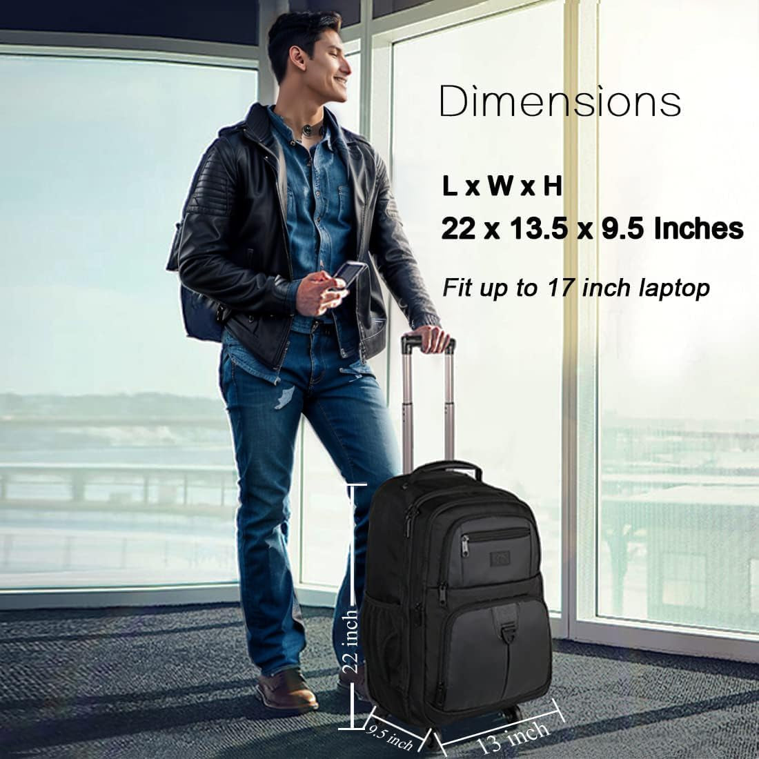 Rolling Backpack with 4 Wheels, 17 Inch Roller Travel Laptop Backpack for Women Men, Large Water Resistant Business Wheeled Bag, Airline Approved Carry on Luggage Suitcase Bag, Black
