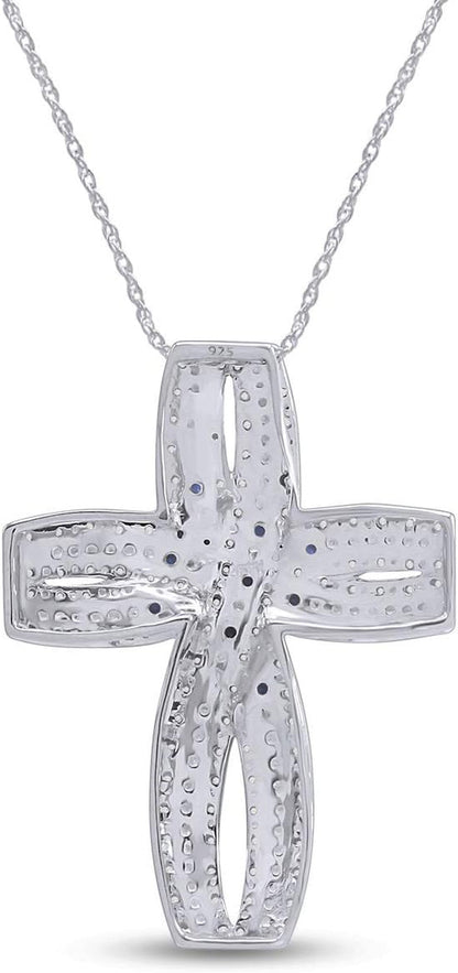 0.47 Ct Simulated Blue Sapphire & White Cubic Zirconia Loop Cross Pendant Necklace In925 Sterling Silver