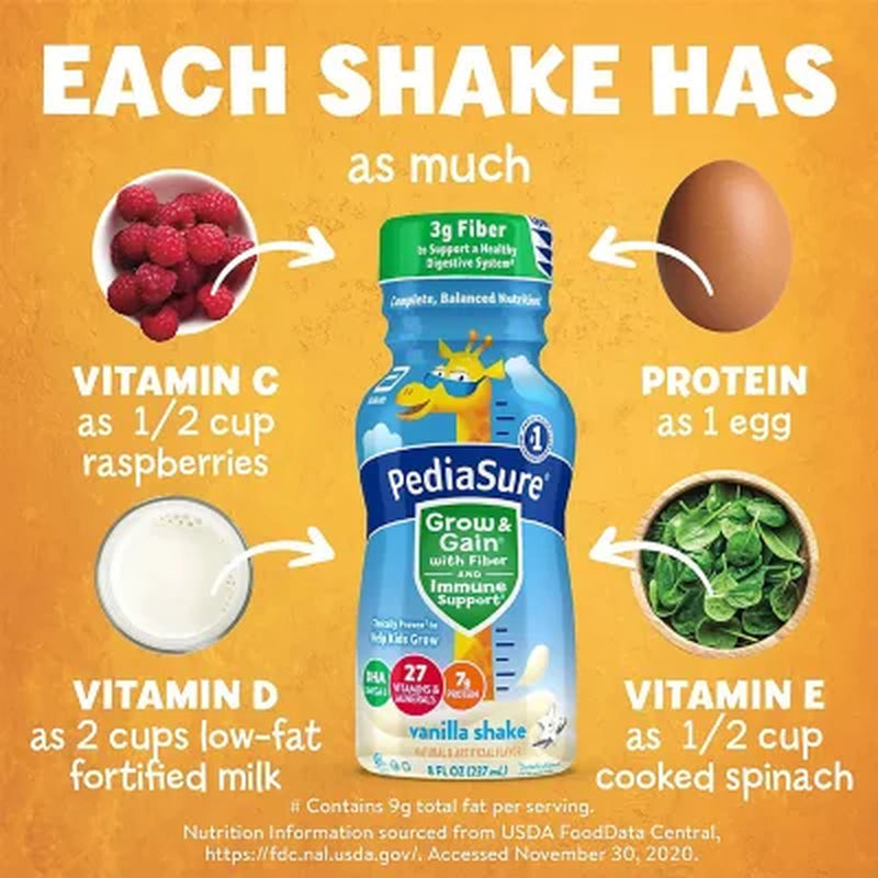 Pediasure Grow and Gain Nutritional Shake with Fiber for Kids, Vanilla, 8 Fl. Oz., 24 Pk.