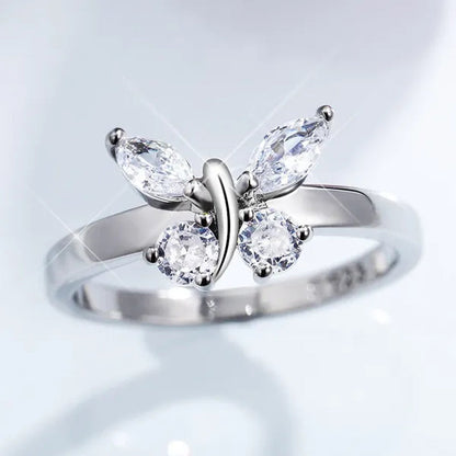 "If you are in full bloom, the butterfly will come" luxury silver crystal butterfly ring cubic zirconia exquisite bridal wedding party ring fashion jewelry (size: 5-11)