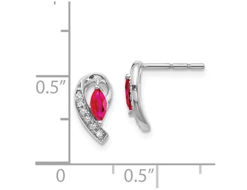 1/3 Carat (ctw) Marquise Cut Natural Ruby Post Earrings in 14K White Gold with Accent Diamonds