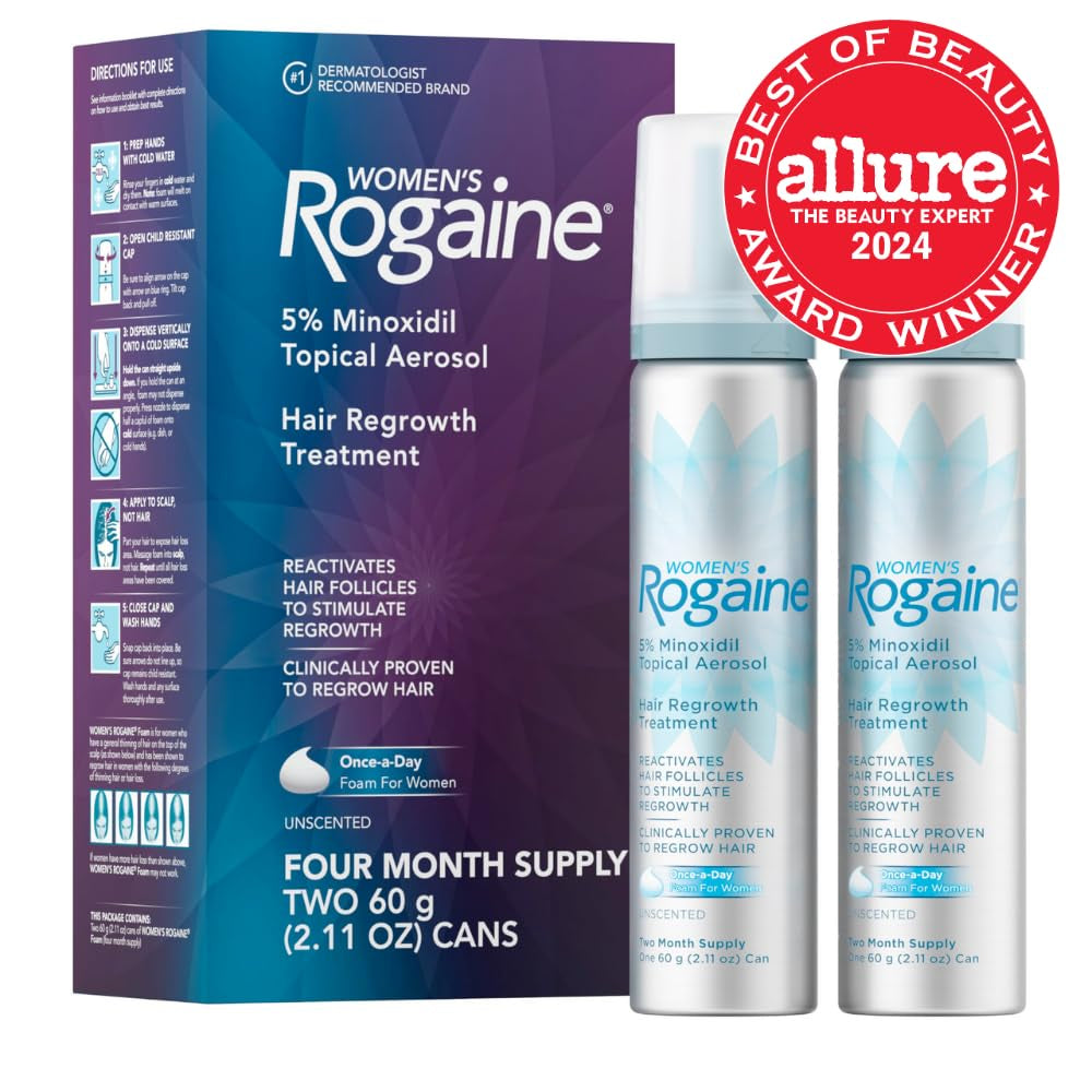 Women'S  5% Minoxidil Foam, Topical Once-A-Day Hair Loss Treatment for Women to Regrow Fuller, Thicker Hair, Unscented, 4-Month Supply, 2 X 2.11 Oz