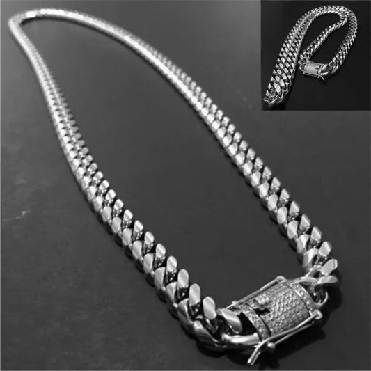 New Fashion Jewelry 18K Gold / 925 Silver Plated Men Cuban Miami Link Necklace Stainless Steel Diamond Clasp Hip Hop Iced Out Gold Chain Necklace