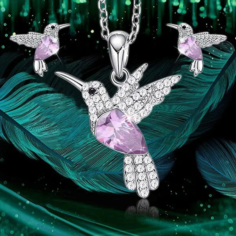 Hummingbird  Silver Jewelry Set Women Pendant Necklace and Stud Earring Set CrystalsFine Animal Jewelry, Gift for Mothers Day