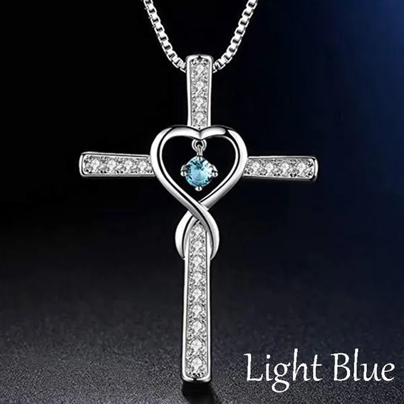 Infinity Love God We Trust Christian Cross Birthstone Diamond Rhinestone Pendant Necklace Birthday Gifts Jewelry For Women Christmas Girls