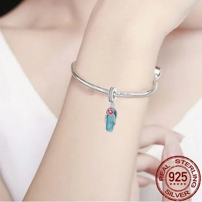 Stylish S925 Sterling Silver Blue Flip Flops With Red Flower Charm Fit Bracelet & Necklace DIY Jewelry