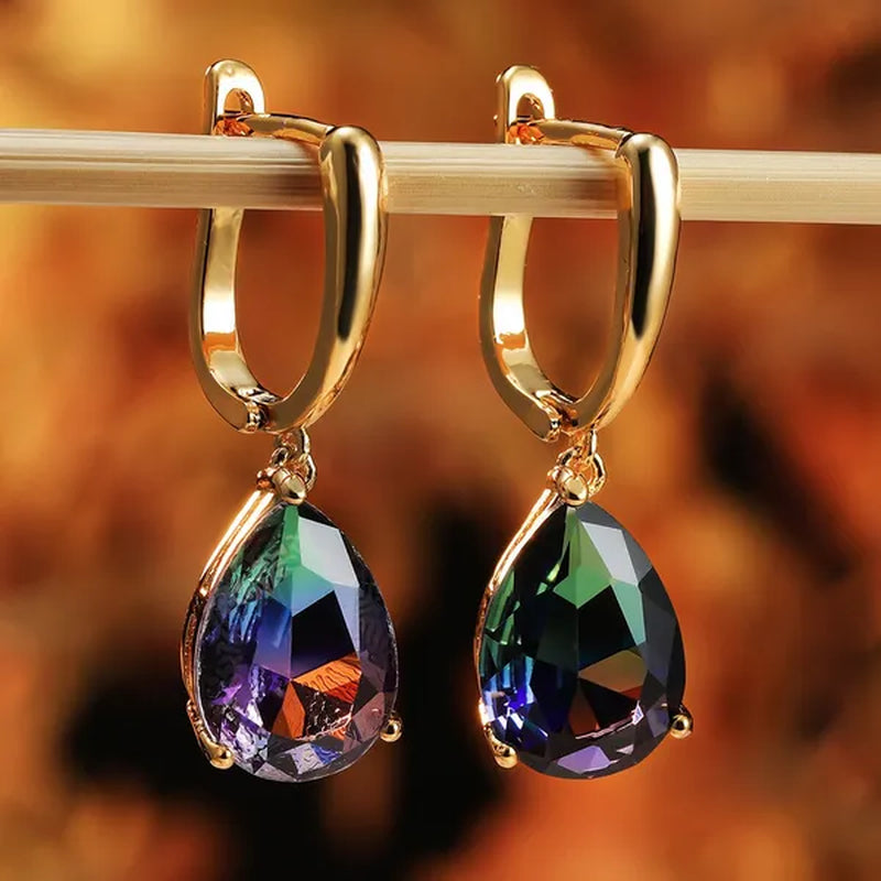 Delicate 18K Gold Waterdrop Cut Aquamarine&Green Purple Bi-colored Tourmaline Gemstone Drop Hook Earrings Bride Engagement Jewelry
