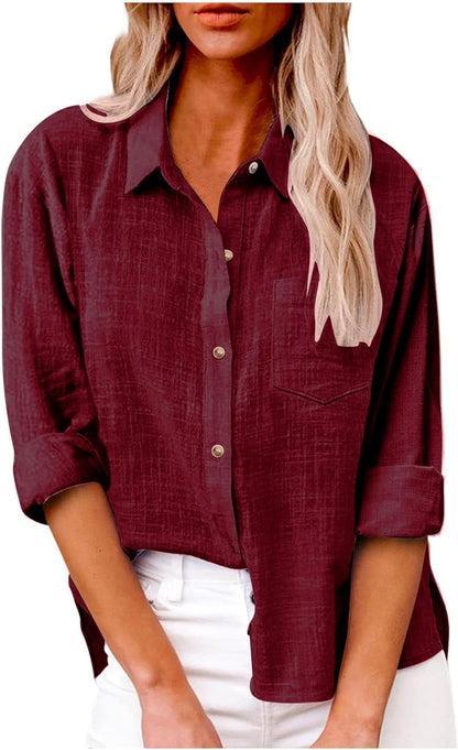 Women Cotton Linen Summer Tops Button down Shirts Dressy Causal Long Sleeve Gauze Blouses Trendy Boho Clothes 2024