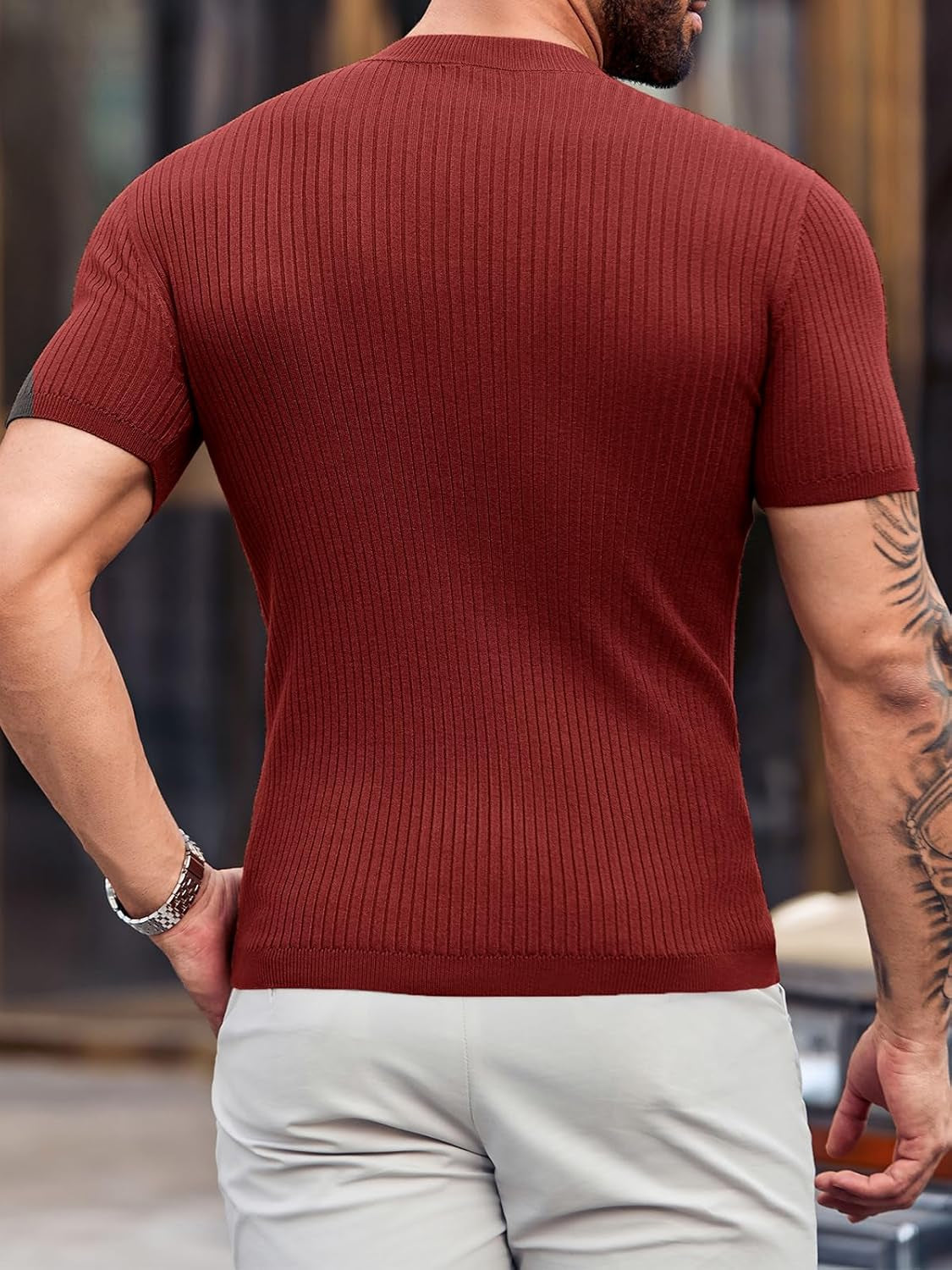 Mens Casual Slim Fit Basic Tops Short Sleeve Shirt Turtleneck T Shirts Rib Knitted Stretch Pullover Sweater
