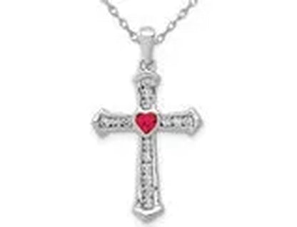 Natural Ruby 1/10 Carat (ctw) Cross Heart Pendant Necklace with Diamonds 1/5 Carat (ctw) in 14K White Gold
