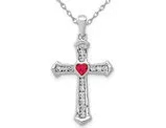 Natural Ruby 1/10 Carat (ctw) Cross Heart Pendant Necklace with Diamonds 1/5 Carat (ctw) in 14K White Gold