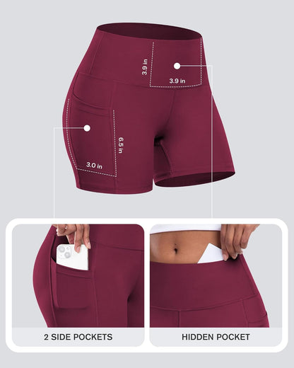 Womens Biker Shorts with Pockets: High Waisted Tummy Control Spandex Workout Yoga Athletic Gym Shorts 4 Packs