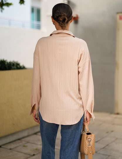 Womens Button down Shirts Long Sleeve Dress Shirt Textured Collared Work Blouse Dressy Casual Tops with Pocket