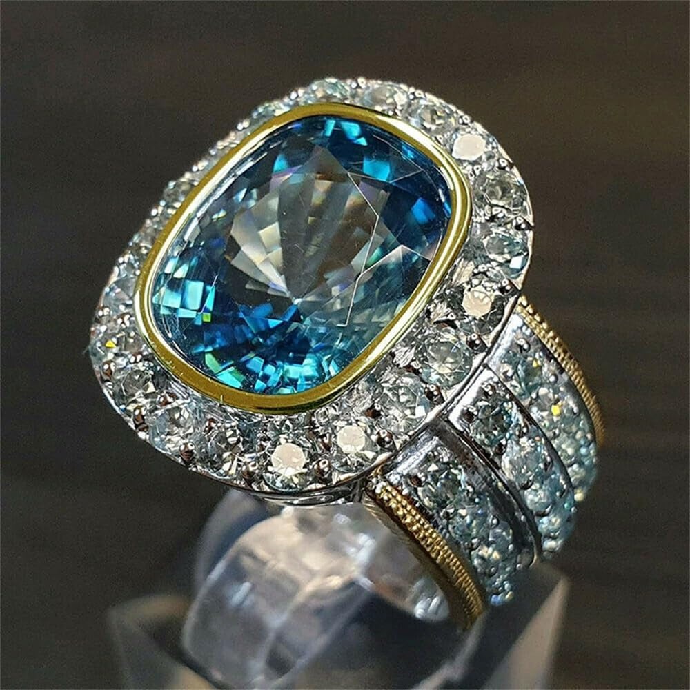 925 Sterling Silver Shiny Full Diamond Ring 18K Gold Sapphire Cocktail Ring Blue Cubic Zirconia Promise Ring CZ Diamond Multi Row Ring Eternity Engagement Wedding Band Ring for Women Z.58 (US Code 7)
