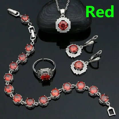 925 Sterling Silver Jewelry Set for Women Natural Green Cubic Zirconia Adjustable Ring Earrings Pendant Chain Bracelet 4PCS