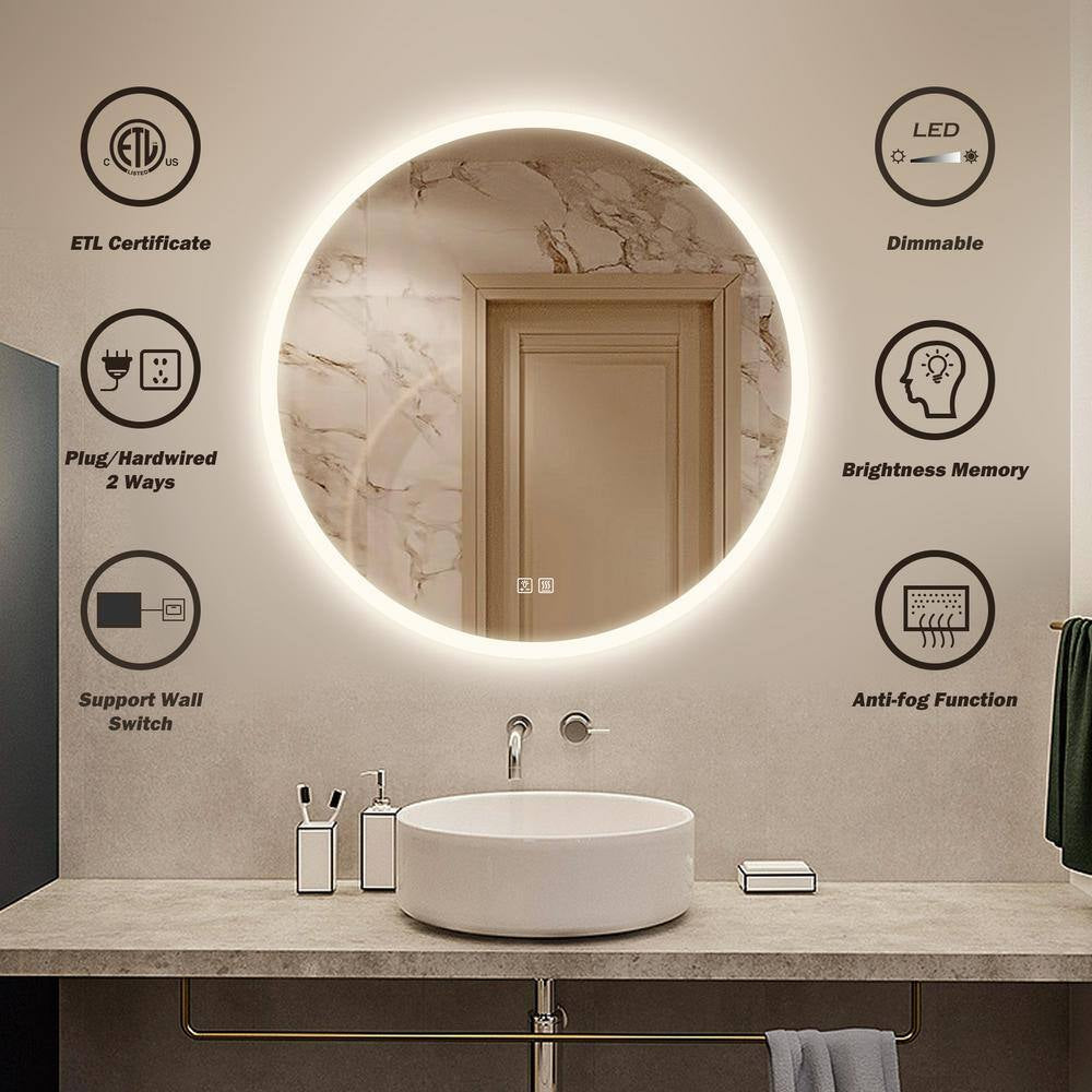 36 In. W X 36 In. H round Frameless LED Light with 3-Color and Anti-Fog Frosted Edge Wall Mounted Bathroom Vanity Mirror
