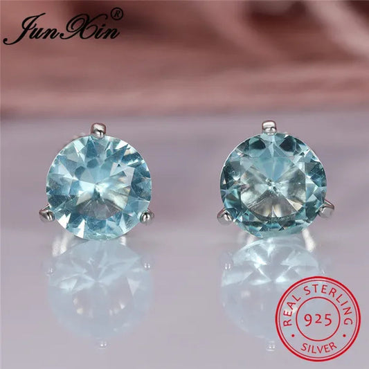 8MM 925 Silver/14K Gold/Rose Gold Round Cut Light Aqua Blue Aquamarine Stud Earrings Round Lab Diamond Screwback Stud Earrings