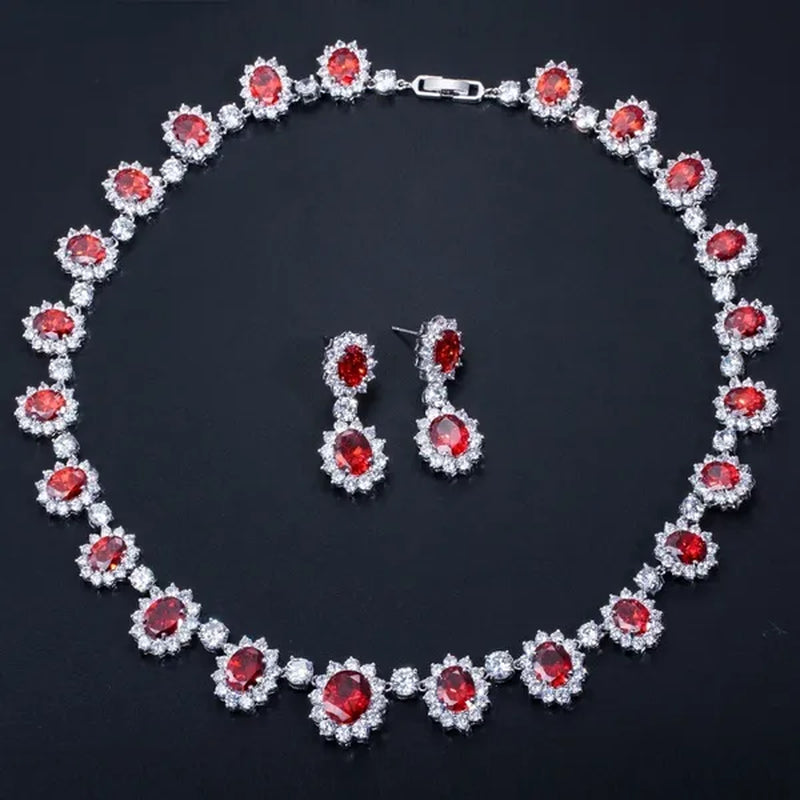 Gloriya Elegant Red Zirconia And White CZ Paved Setting Flower Pendant Earrings Necklace Jewelry Sets for Bridal Wedding Accessories