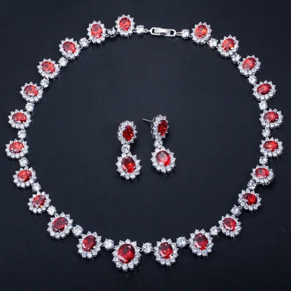 Gloriya Elegant Red Zirconia And White CZ Paved Setting Flower Pendant Earrings Necklace Jewelry Sets for Bridal Wedding Accessories