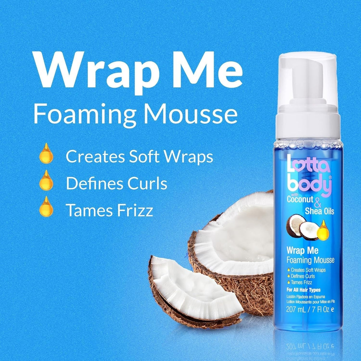 Lottabody Coconut Oil and Shea Wrap Me Foaming Curl Mousse , Creates Soft Wraps, Hair Mousse for Curly Hair, Defines Curls, anti Frizz, 7 Fl Oz