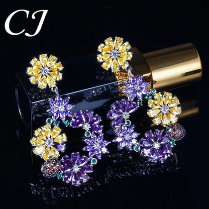 CANDICE Noble Purple Crystal Big Long Dropping Earrings Setting White Gold Plated Yellow Cubic Zirconia Graceful Floral Women Prom Party Jewelry With Sterling Silver Plated