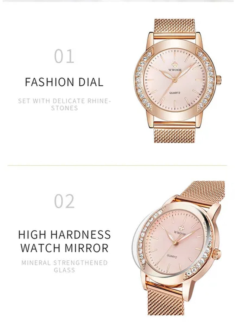 WWOOR Luxury Crystal Ladies Bracelet Watches Top Brand Fashion Women Quartz Watch For Women Rose Gold Mesh Band Wrist Watch Montre Femme