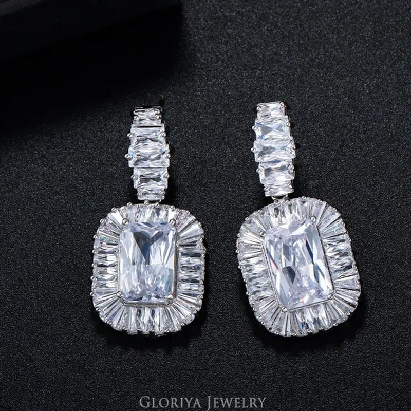 Gloriya Noble Delicate Princess Cut AAA Cubic Zirconia Jewelry Wedding Bridal Silver Plated Drop Earring for Girl Women Party Gift