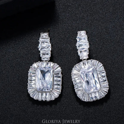 Gloriya Noble Delicate Princess Cut AAA Cubic Zirconia Jewelry Wedding Bridal Silver Plated Drop Earring for Girl Women Party Gift