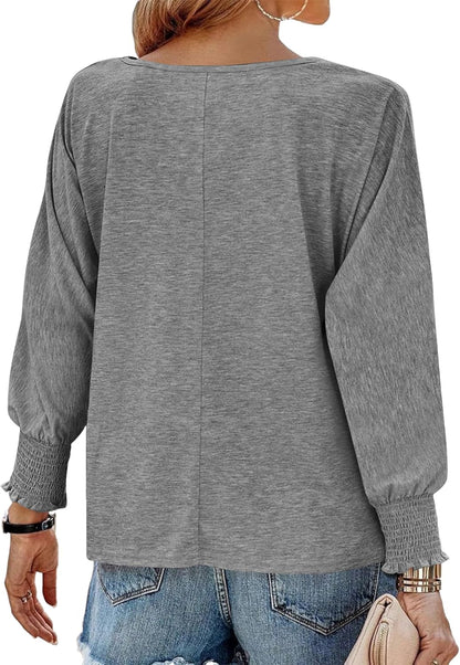 Womens Long Sleeve Tops Fall Outfits 2024 Dressy Casual Crew Neck Tee Shirts Smocked Loose Top Tunic Blouse