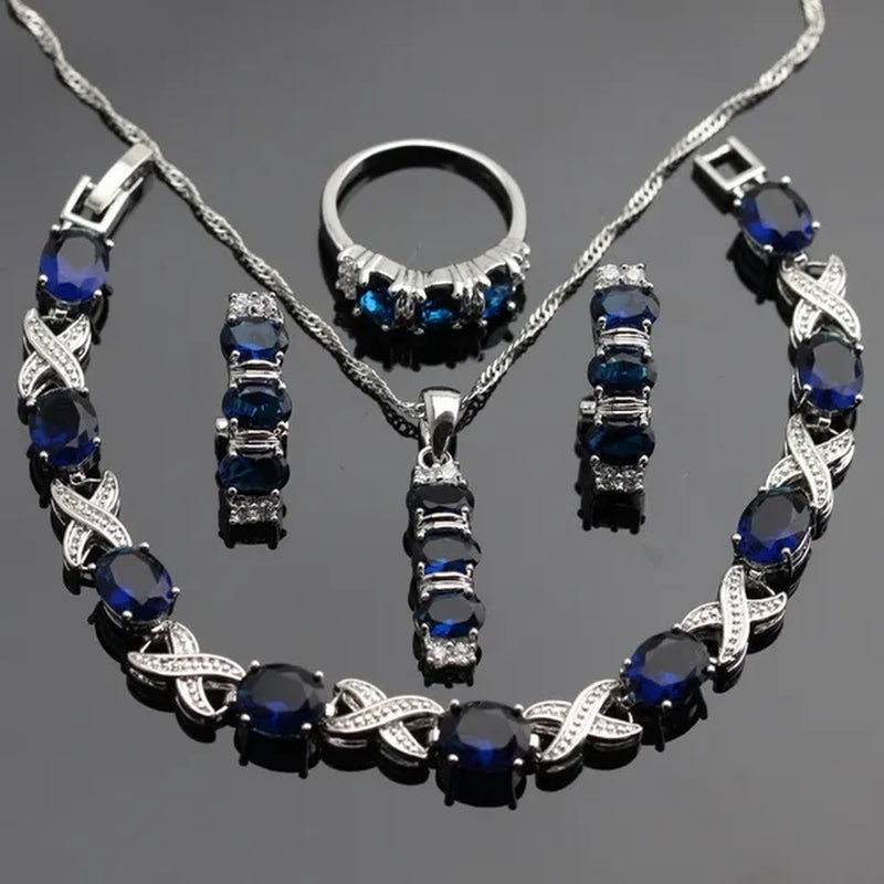 925 Sliver Jewelry Sets Blue Zircon White Topaz Necklace Pendant Drop Earrings Ring Bracelet For Women  Dating Gift