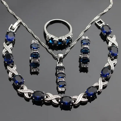 925 Sliver Jewelry Sets Blue Zircon White Topaz Necklace Pendant Drop Earrings Ring Bracelet For Women  Dating Gift