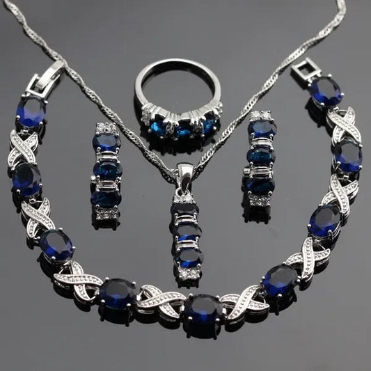 925 Sliver Jewelry Sets Blue Zircon White Topaz Necklace Pendant Drop Earrings Ring Bracelet For Women  Dating Gift