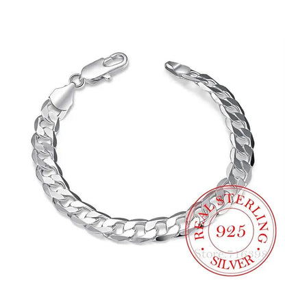 Men's Fine Jewelry 8 Inch 20cm Bracelet 925 Sterling Silver Fashion Charm 8MM Sideways Flat Chain Bracelets Bangle For Women Men