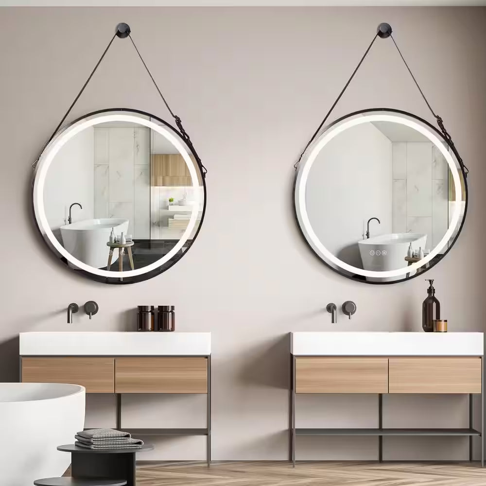 24 In. W X 24 In. H round Aluminum Framed Antifog 3-Color Dimmable LED Lighted Wall Hanging Bathroom Vanity Mirror Black