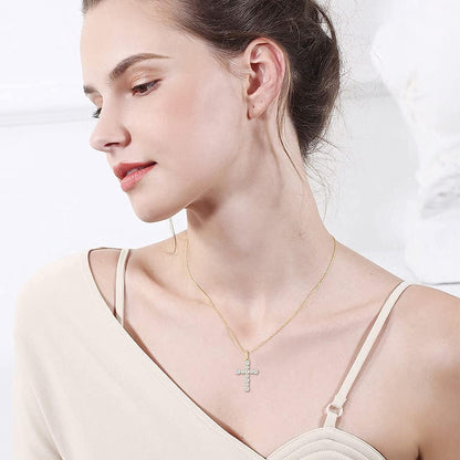 9K Solid Gold Cute Dainty Cross Pendant Necklace with White Sapphire Gemstone Fine Delicate Jewelry Mothers Day Gifts for Women, Moms