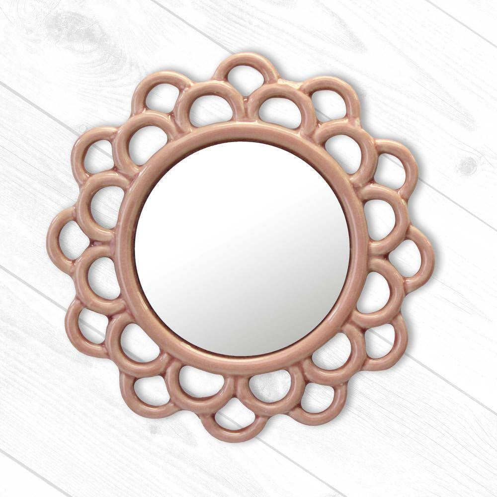 9 In. X 9 In. Decorative round Pink Dusty Rose Cutout Ceramic Wall Hanging Mirror