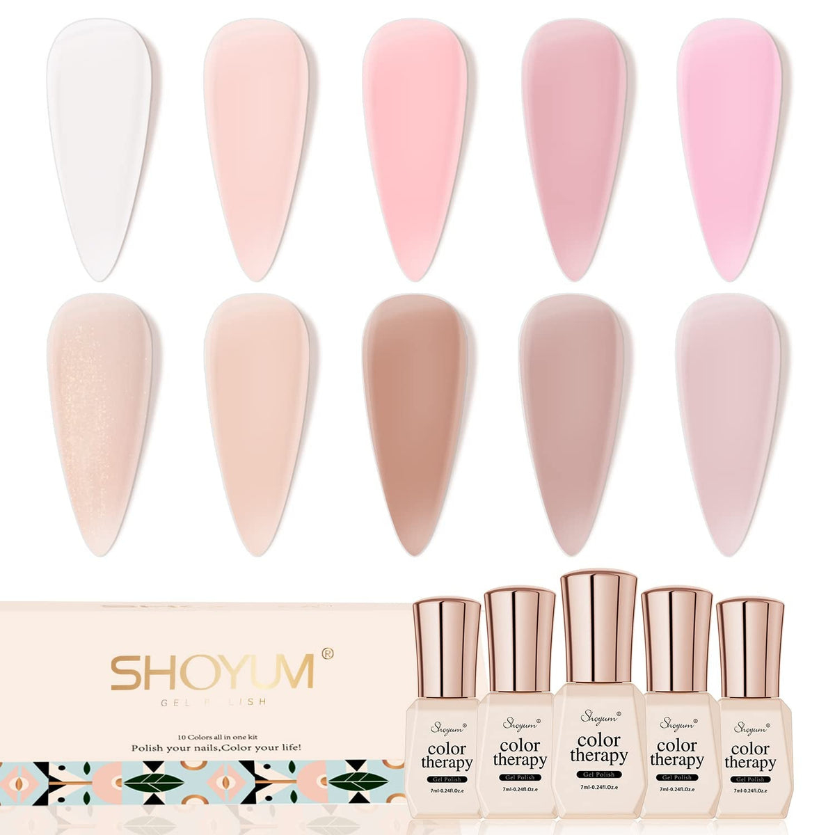Jelly Nude Gel Nail Polish Set, 10Pcs Sheer Milky White Pink Transparent Gel Polish Kit UV LED Nail Gel Polish Colors Varnish Nail Art DIY Salon 7ML