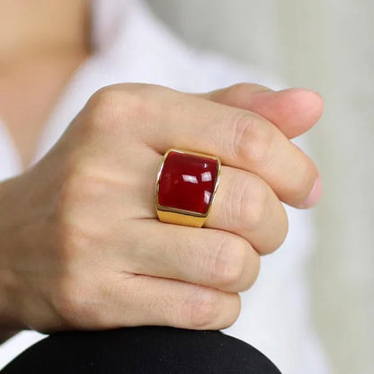 Vintage Men's Gemstone Ring Stainless Steel Single White Red Opal Rings Jewelry Gift for Men Women Boyfriend Girlfriend