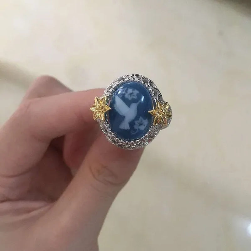 Exquisite Bridal  Ring White Bird Pigeon Dove Blue Wax zircon Jewelry  Flower Exaggerated Engagement Cocktail Party Wedding Band Rings for Women