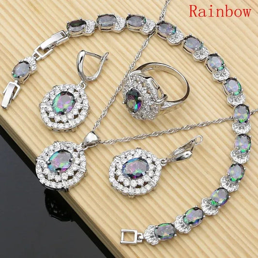 Work & Leisure Style 925 Silver Jewelry Sets Sapphire Garnet Emerald Ruby Topaz Wedding Jewelry Set for Women