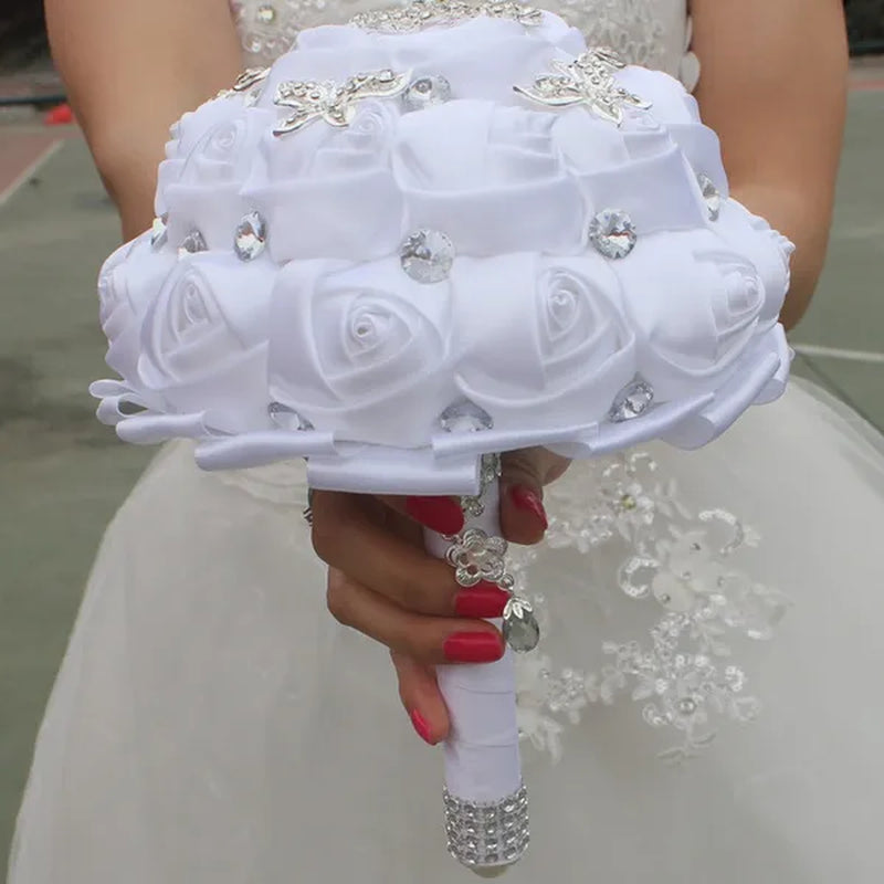 18CM White  Bride Holding Flowers Butterfly Flower Diamond Brooch Wedding Bouquet Bridal Mariage Stitch Wedding Bouquet Ribbon Bridesmaid Bouquet