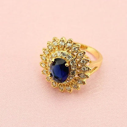 Women's Fashion Flower Shaped Gold Color Jewelry Sets Blue Zircon Earrings Pendant Rings Bracelet