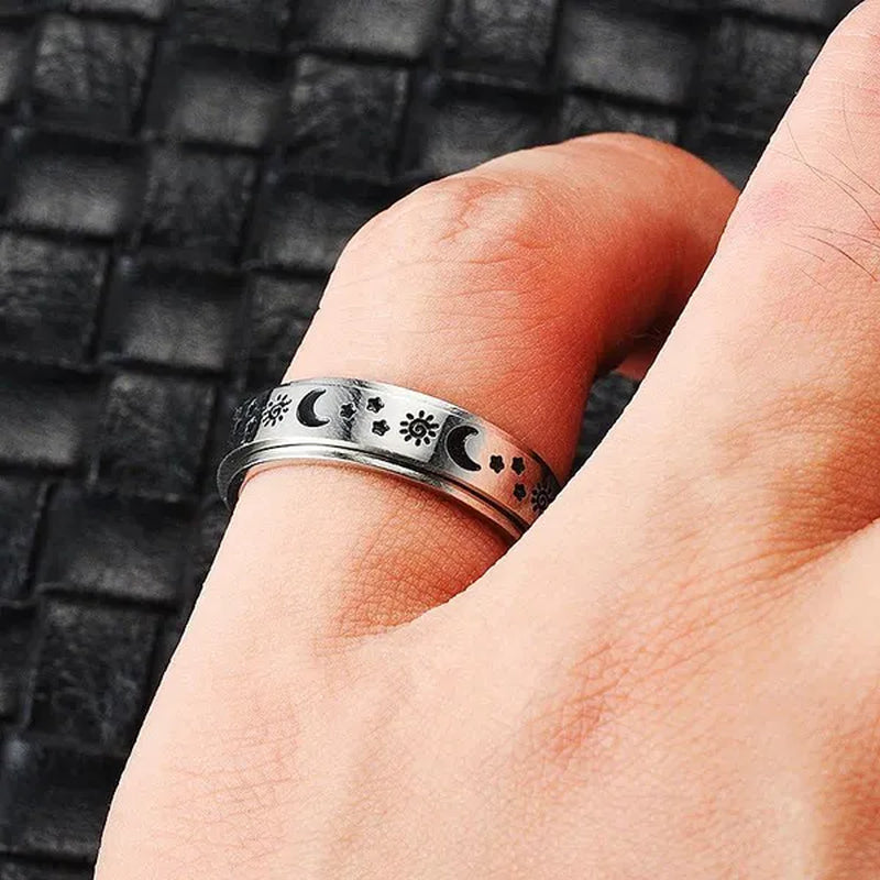 Couple Rings Rotatable Fidget Rings Stainless Steel Sun Moon Star Dot Waves Cat Pattern Spinner Ring Jewelry Gift for Women Men Boyfriend Girlfriend