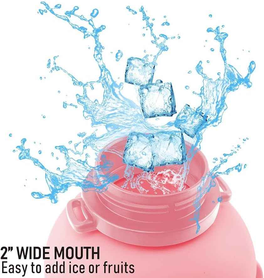 68 Oz Collapsible Silicone Water Bottles with Straw for Traveling/Running, Half Gallon Motivational Water Bottle Jug with Time Marker (Flamingo Pink)