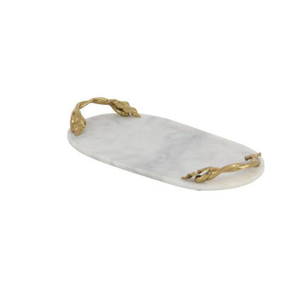 White Marble Decorative Tray with Gold Twisted Leaf Handles