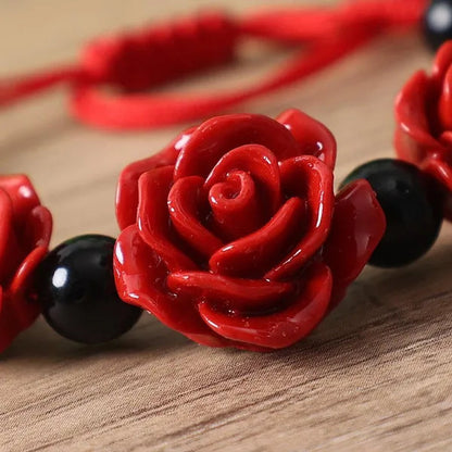 1/3pcs Fashion Women Rose Bracelet Ethnic Handicraft Lacquer Carved Cinnabar Rose Flower Bracelet For Women Red Rope Beaded Bracelet