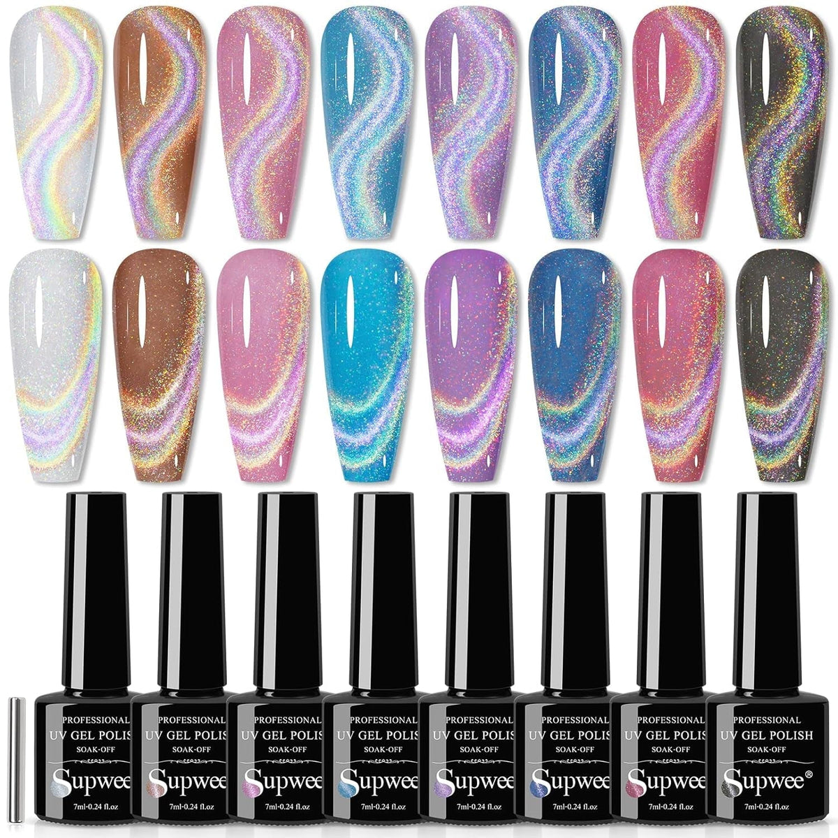 Magnetic Cat Eye Gel Nail Polish Set, 12 Colors 9D Cateye Nail Gel Polish Holographic Glitter Magnetic Gel Polish Soak Off Lamp Gel Nail Art Manicure Kit