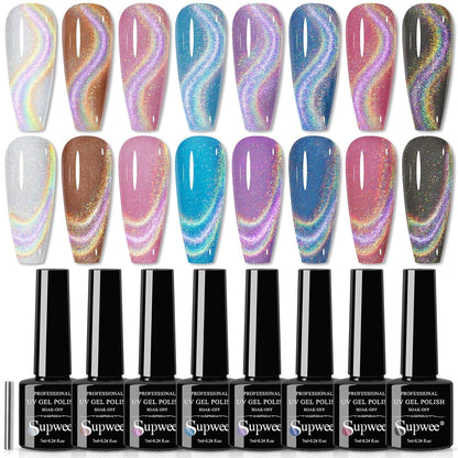 Magnetic Cat Eye Gel Nail Polish Set, 12 Colors 9D Cateye Nail Gel Polish Holographic Glitter Magnetic Gel Polish Soak Off Lamp Gel Nail Art Manicure Kit