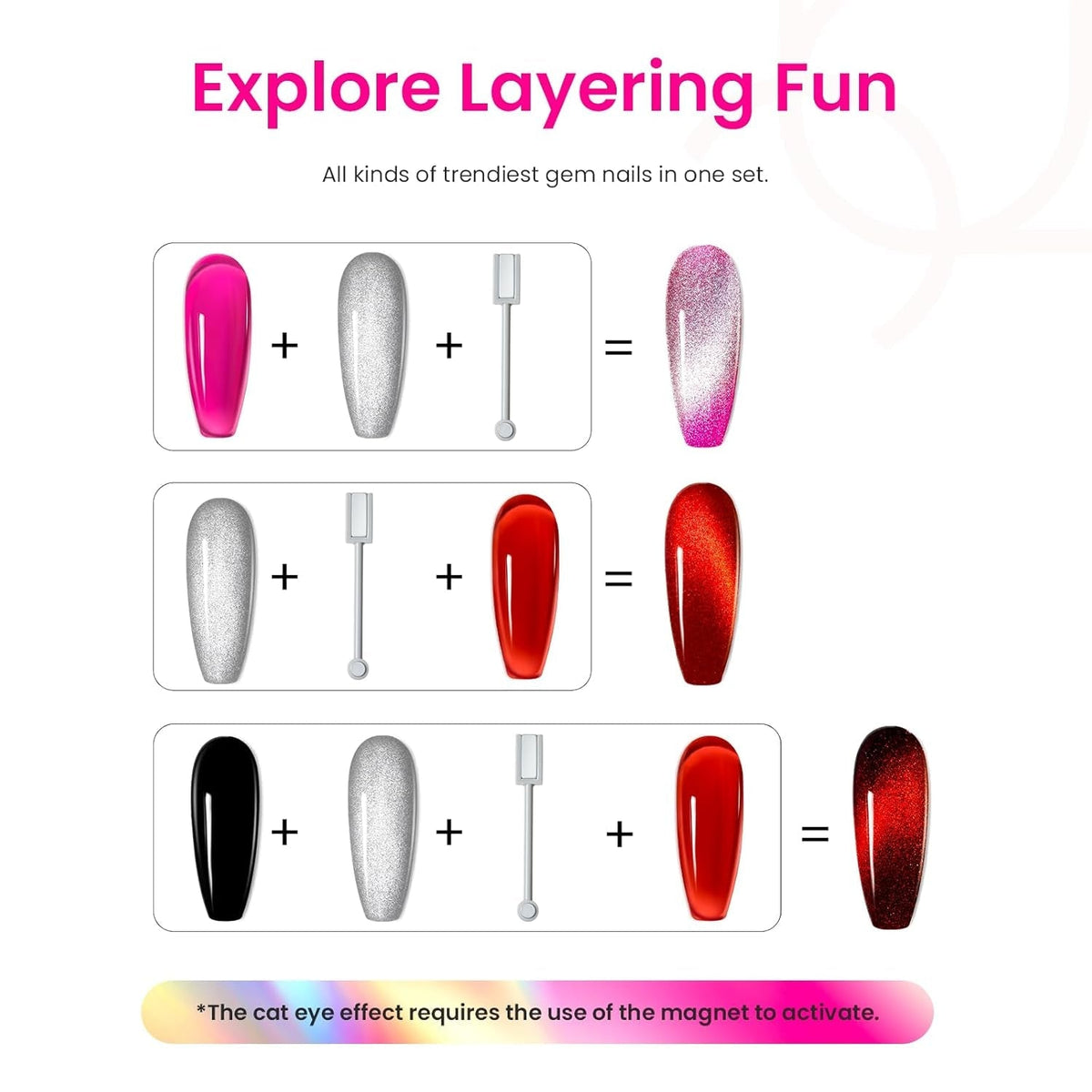Beetles Gel Nail Polish Set, 6 Colors Silver Cat Eye Gel Polish Sheer Jelly Red Pink Yellow Green Black Neon Gel Translucent Glitter Effect with Magnet Soak off UV Manicure Gifts for Women