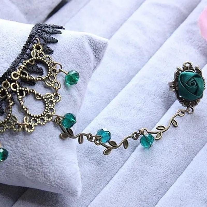 Victorian Style Black Lace Floral Rose Flower Link Chain Slave Bracelet Ring Set Goth